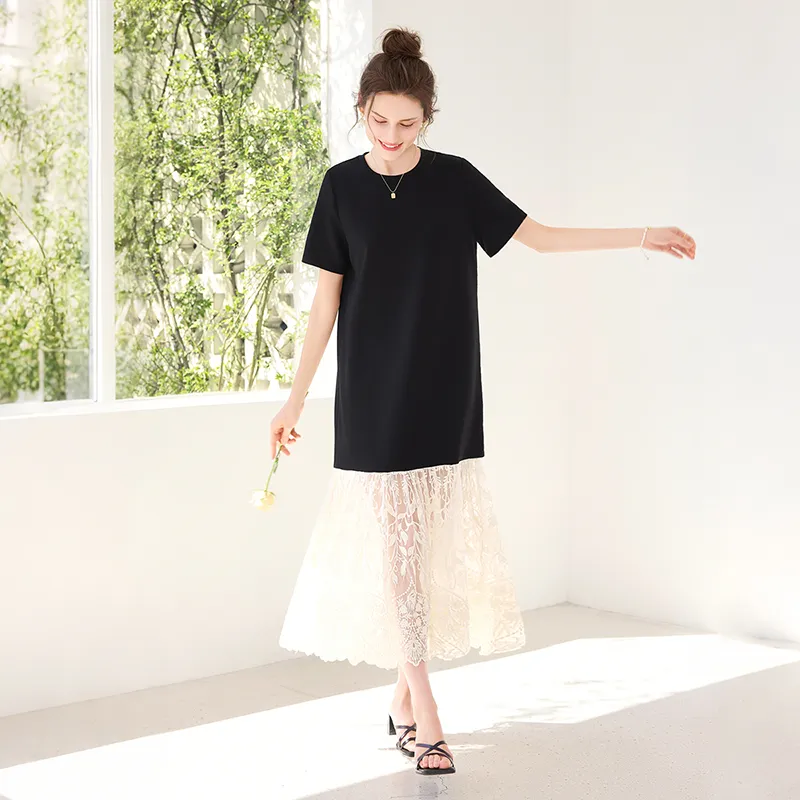 TOUCH Short Sleeved Dress Women's Black Top And Apricot Bottom-1