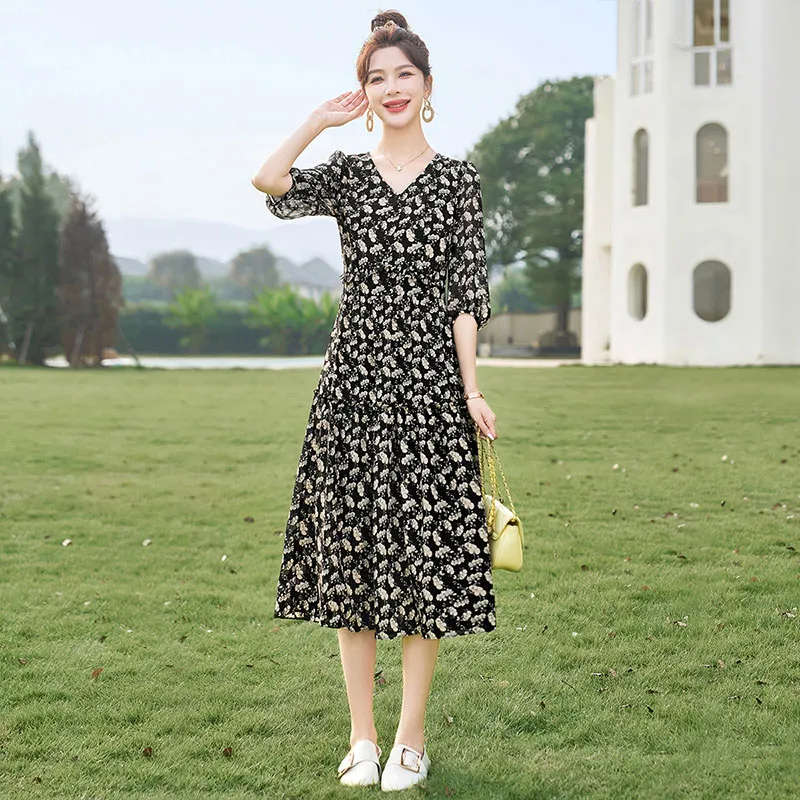 Cypress House Short Sleeved Dress Women's Black With Beige Floral-3