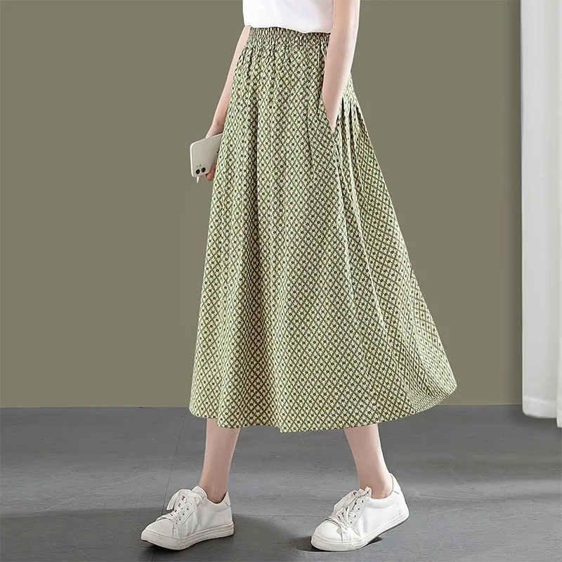Cypress House Casual Long Skirt Women's Green Base With Beige Plaid-2
