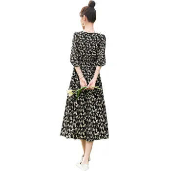 Cypress House Short Sleeved Dress Women's Black With Beige Floral
