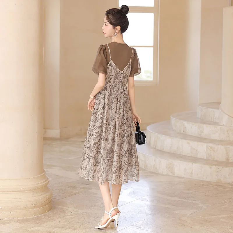 Cypress House Short Sleeved Dress Women's Dark Coffee With Beige And Floral-3