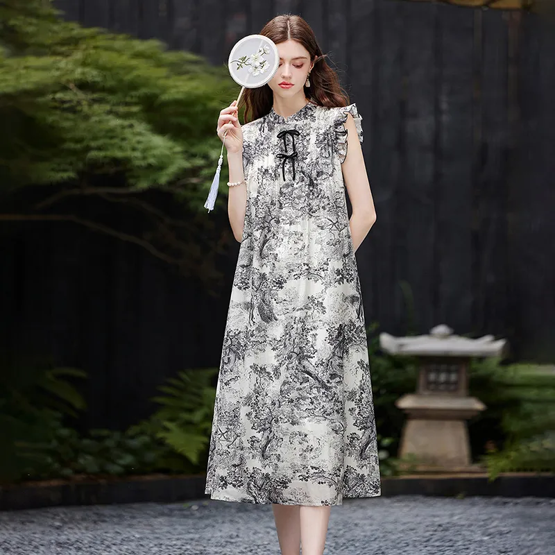 TOUCH Short Sleeved Dress Women's Beige With Black And Gray Painting-5