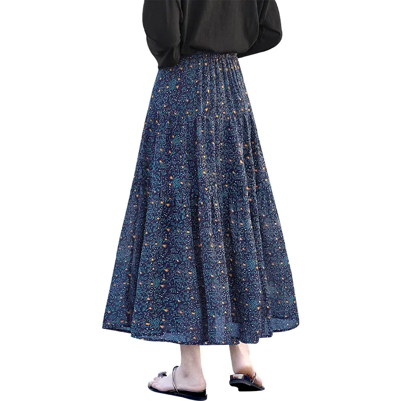 TOUCH Casual Long Skirt Women's Blue Floral-1