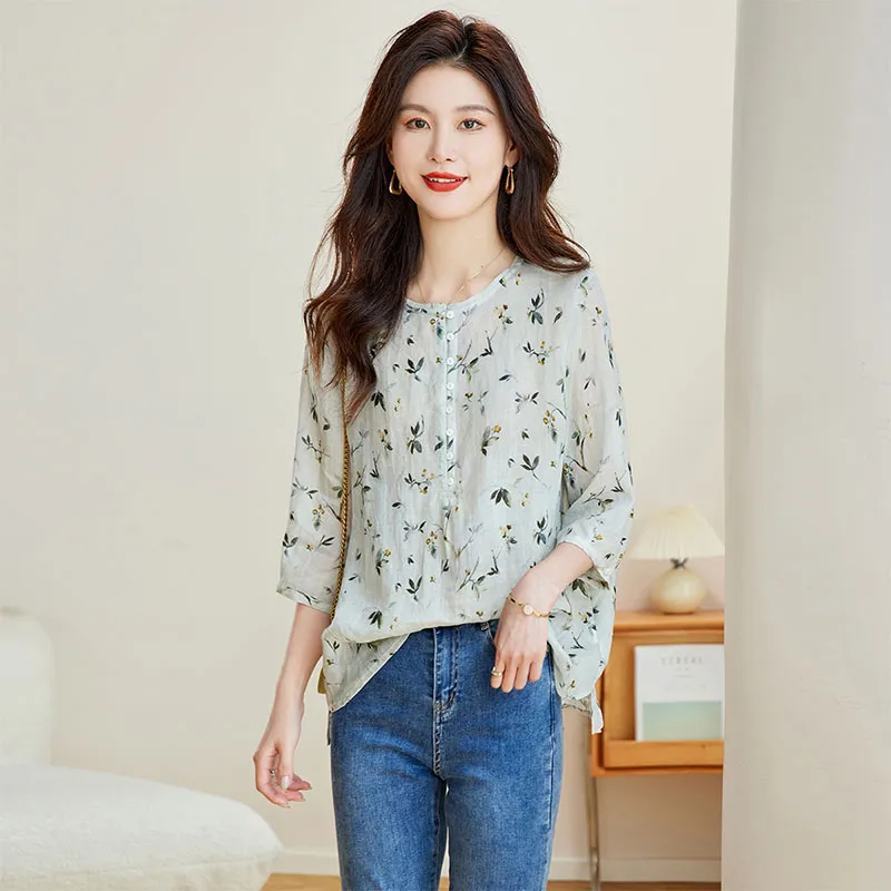 Cypress House Shirt Women's Gray Green Floral Bottom-5