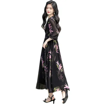 Cypress House Long Sleeved Dress Women's Black Pink Floral