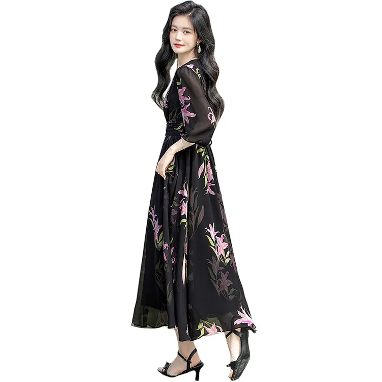 Cypress House Long Sleeved Dress Women's Black Pink Floral-0