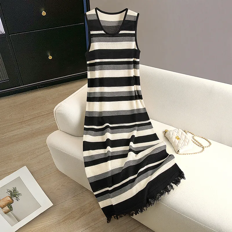 Cypress House Sleeveless Dress Women's Black Gray Stripes-2