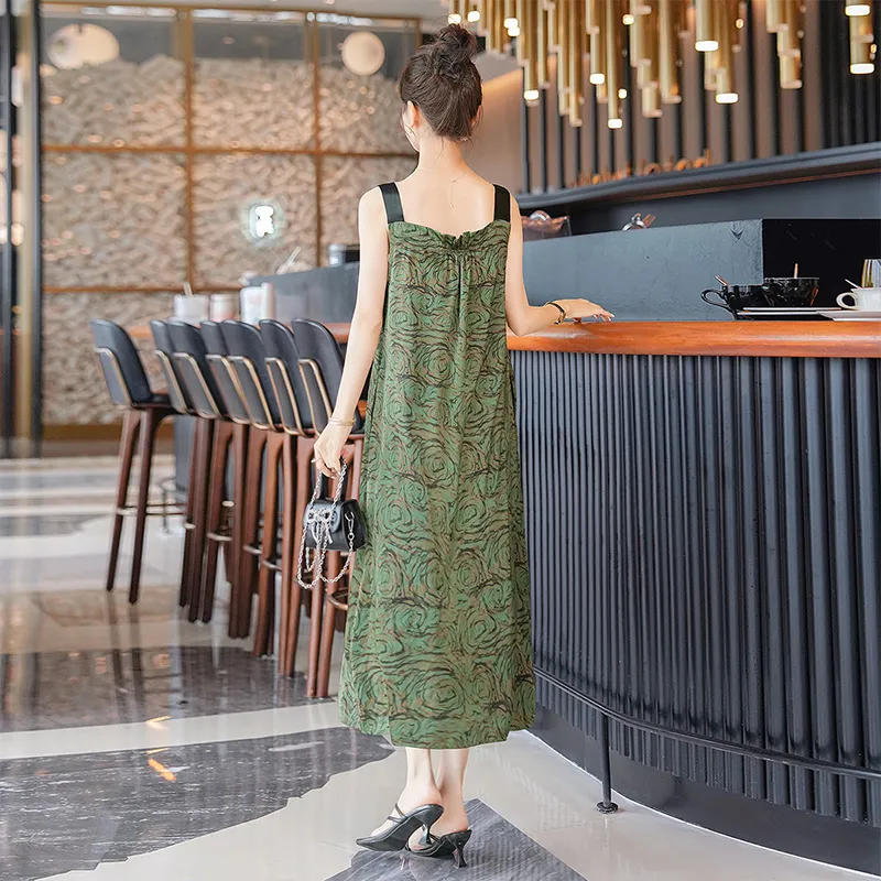 Cypress House Slip Dresses Women's Green Base With Coffee Flowers-1