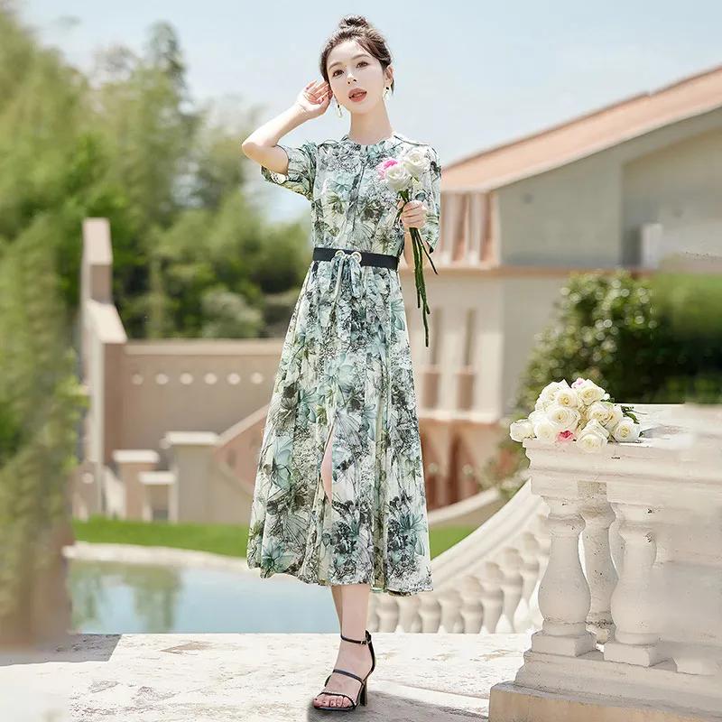 Cypress House Short Sleeved Dress Women's Beige With Blue Green Print-3