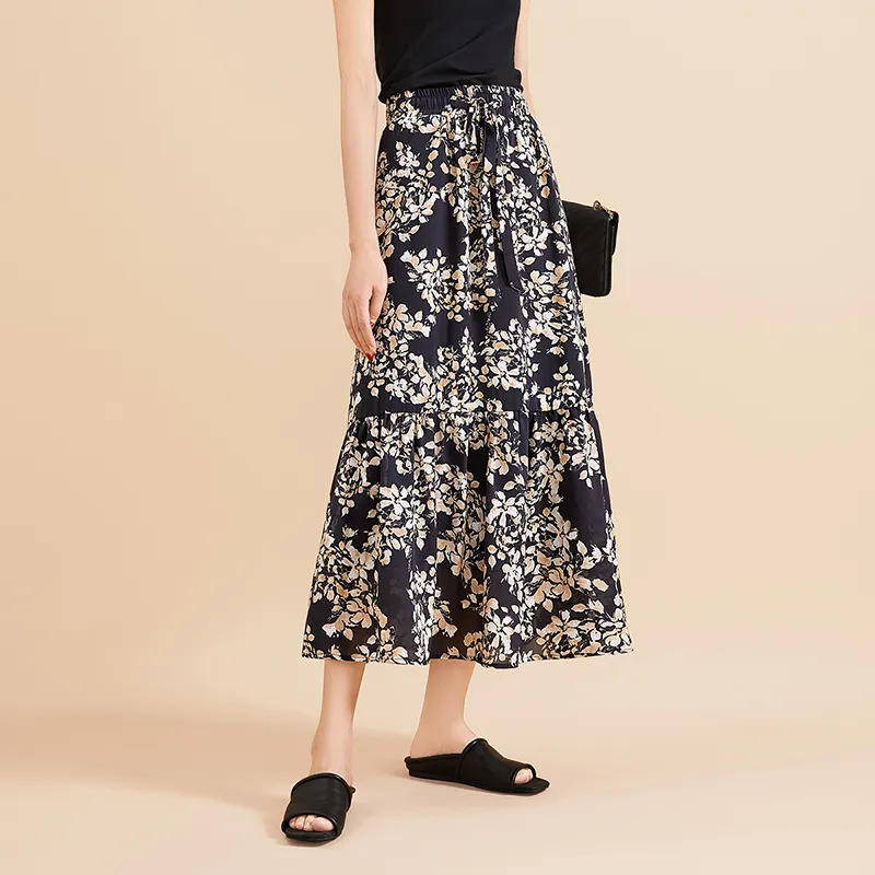 TOUCH Casual Long Skirt Women's Black Sole With Beige Coffee Floral-6