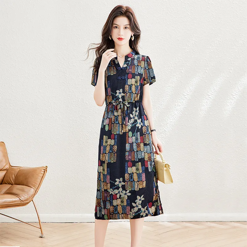 Cypress House Short-Sleeved Dresses Women's Black/Purple Base With Colorful Plaid Pattern-6