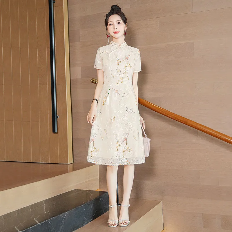Cypress House Cheongsam Women's Apricot Base With Yellow Blossoms-4