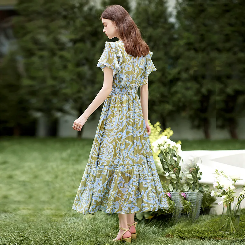 TOUCH Short Sleeved Dress Women's Green With Light Blue Floral-2