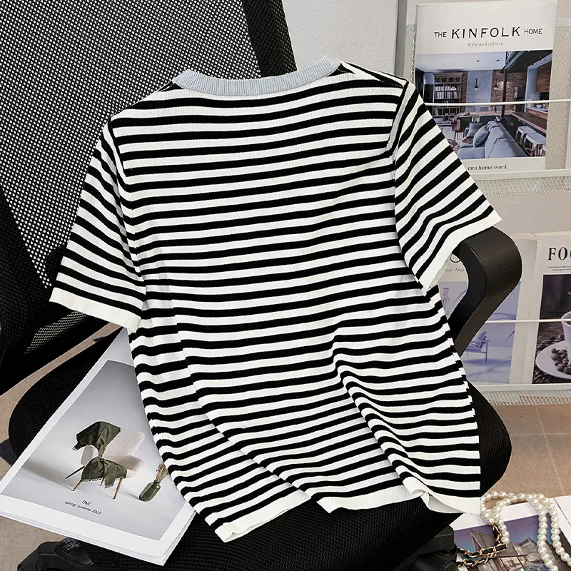 TOUCH T Shirts Women's Blue Collar Black White Stripes-3