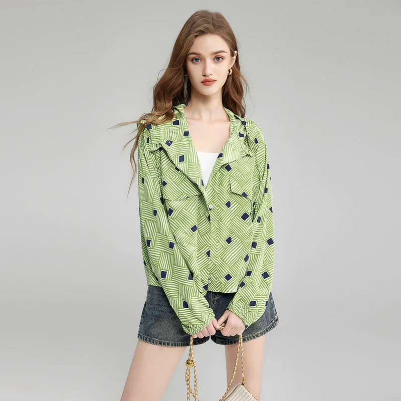 TOUCH Shirt Women's Green With Ecru Stripes-5