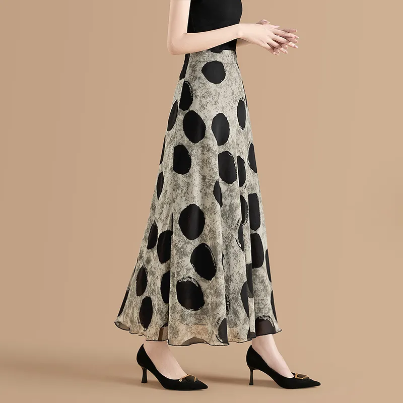 TOUCH Casual Long Skirt Women's Gray Green Black Polka Dot-6