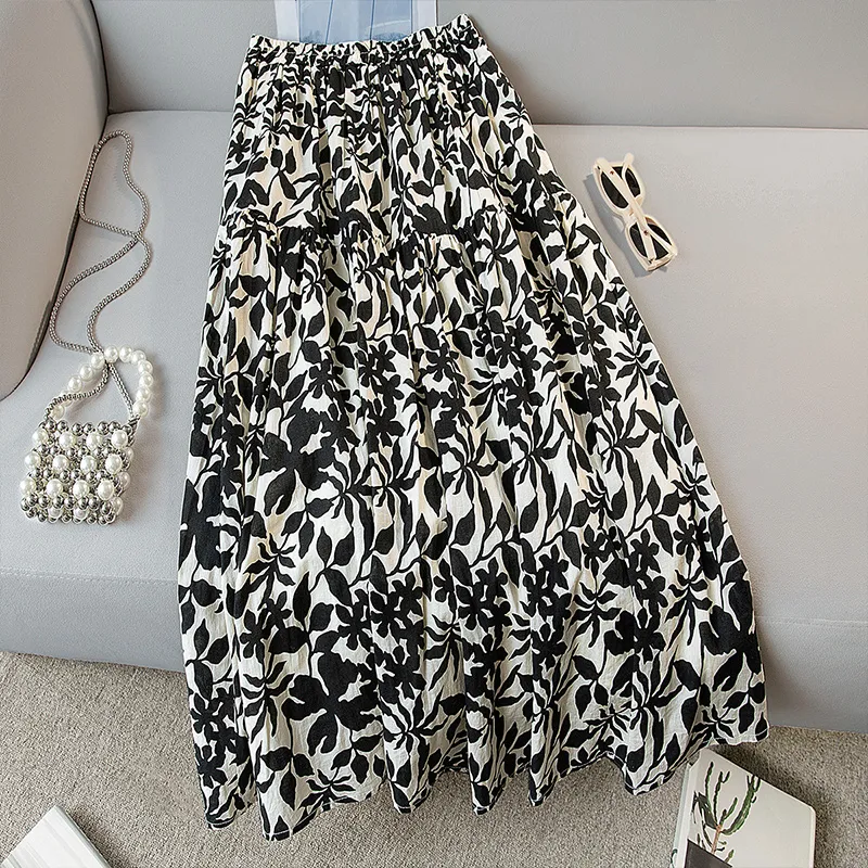 Cypress House Casual Long Skirt Women's Black Apricot Blossom-3
