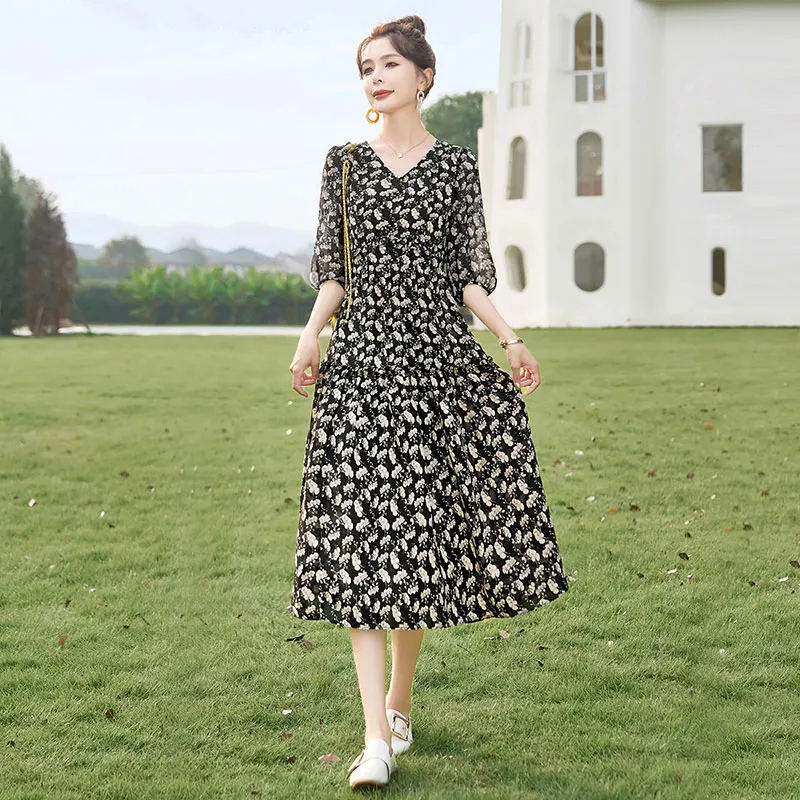 Cypress House Short Sleeved Dress Women's Black With Beige Floral-4
