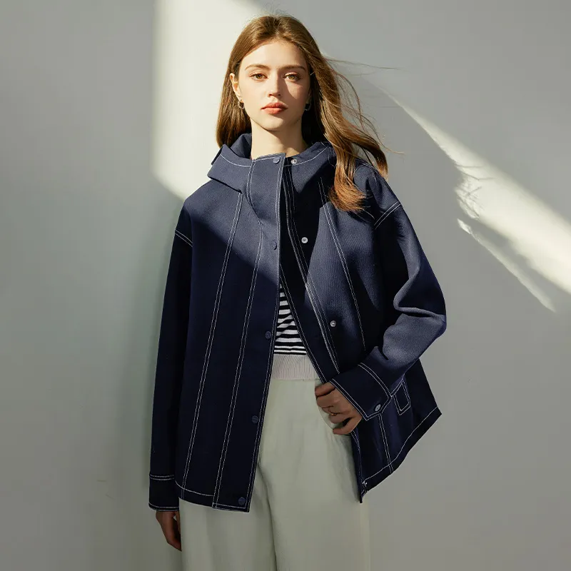 TOUCH Cropped Coats Women's Navy Blue-6