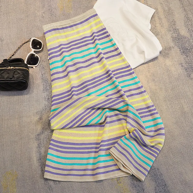 TOUCH Casual Long Skirt Women's Green Purple Stripes-5
