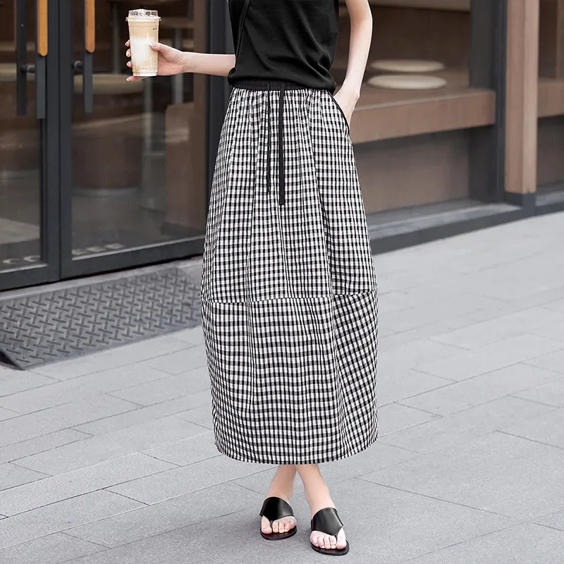TOUCH Casual Long Skirt Women's Black White Plaid-5
