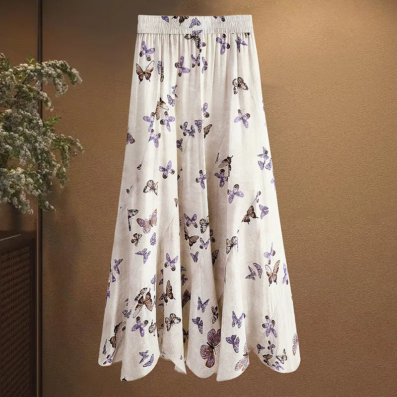 Cypress House Casual Long Skirt Women's Apricot With Butterfly Print-3