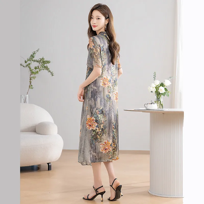 Cypress House Short-Sleeved Dresses Women's Gray Background With Orange Flowers-3