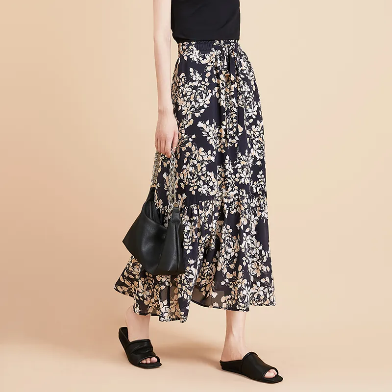 TOUCH Casual Long Skirt Women's Black Sole With Beige Coffee Floral-5