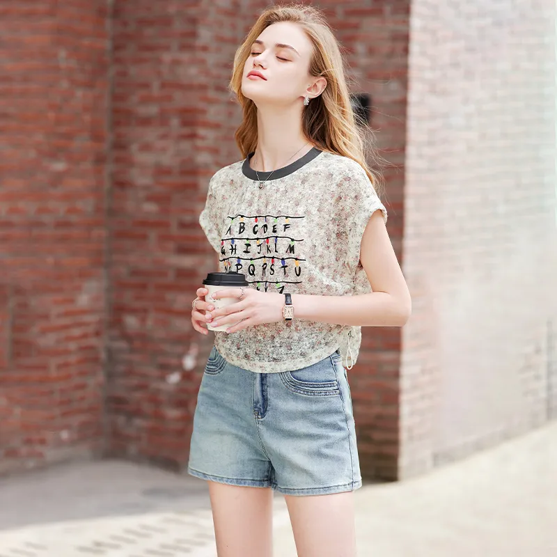 TOUCH T Shirt Women's Beige Base With Pink Purple Flowers-5