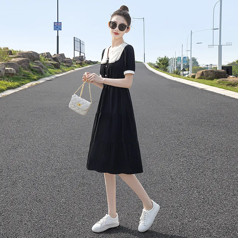 Cypress House Short Sleeved Dress Women's Black With Beige Collar-4