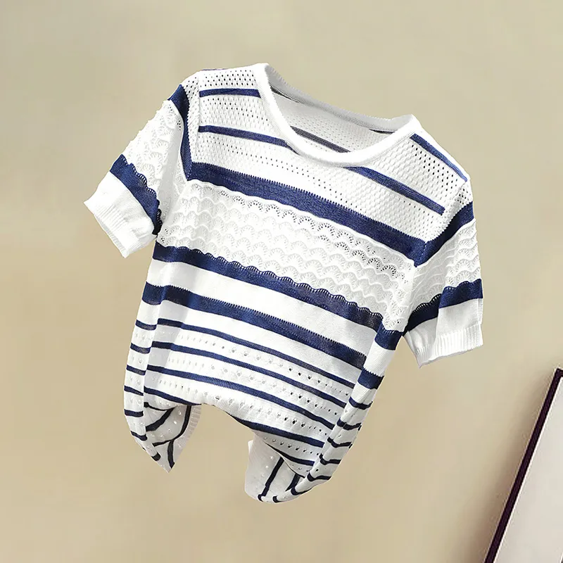 Cypress House Knitwear Women's White Base Navy Blue Stripes-2