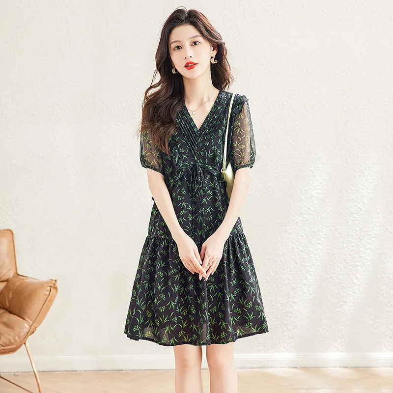 Cypress House Short Sleeved Dress Women's Deep Navy Blue Base With Green Floral-2