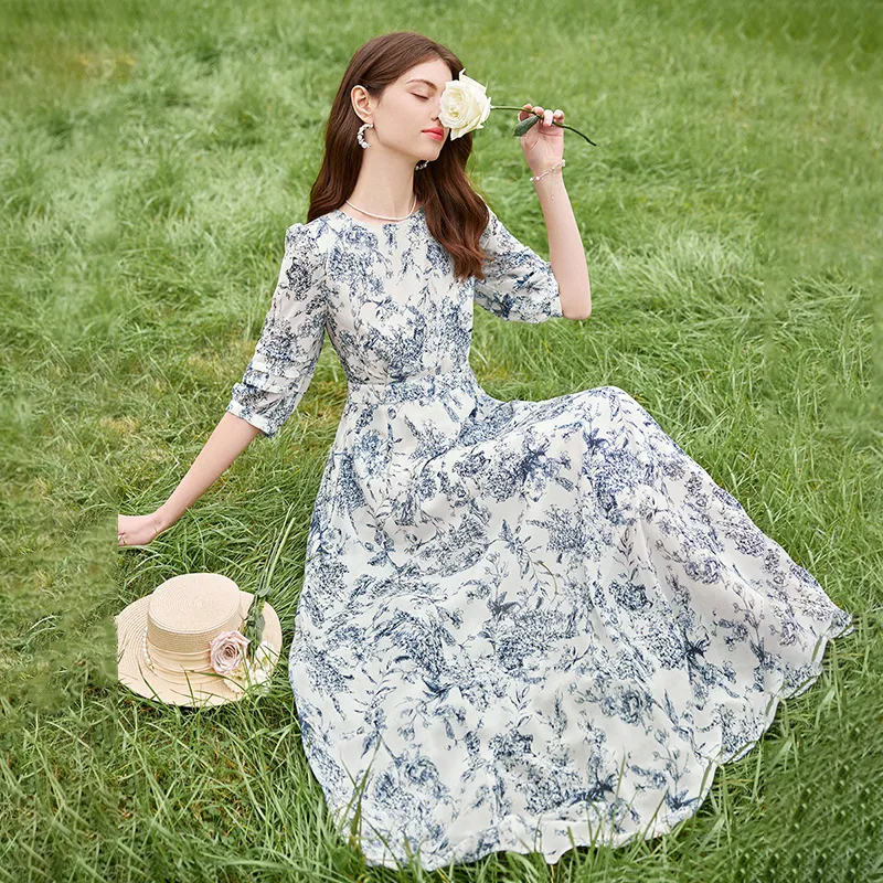 TOUCH Short Sleeved Dress Women's Gray Blue Multicolor-1