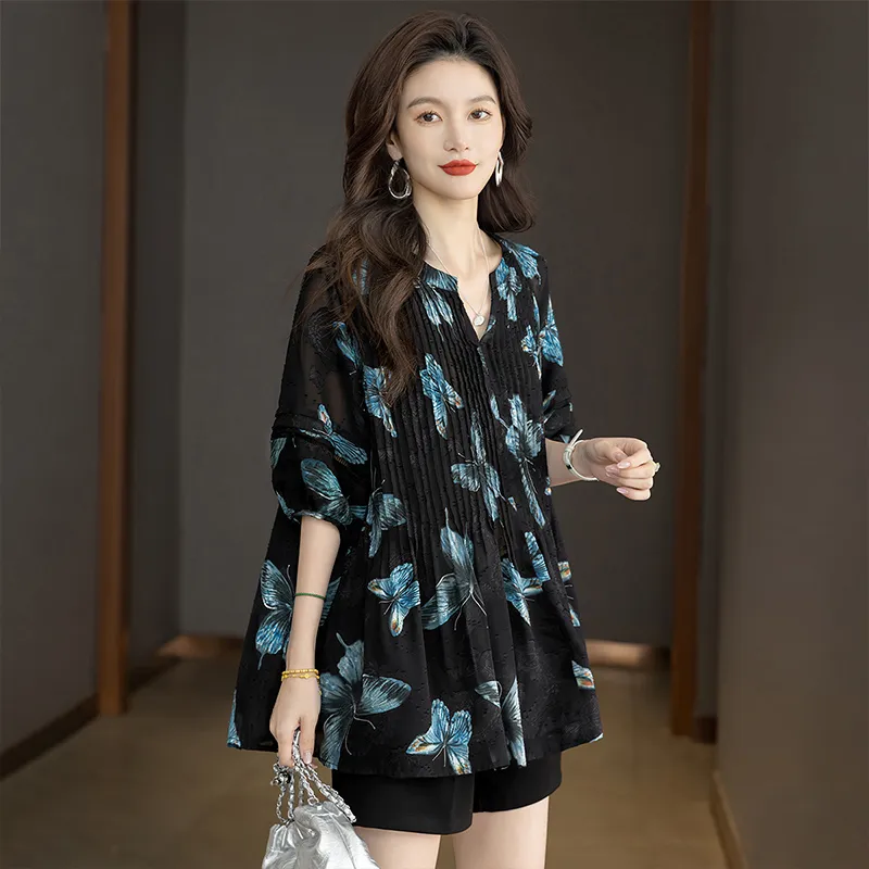 Cypress House Shirt Women's Black Blue Butterfly-1
