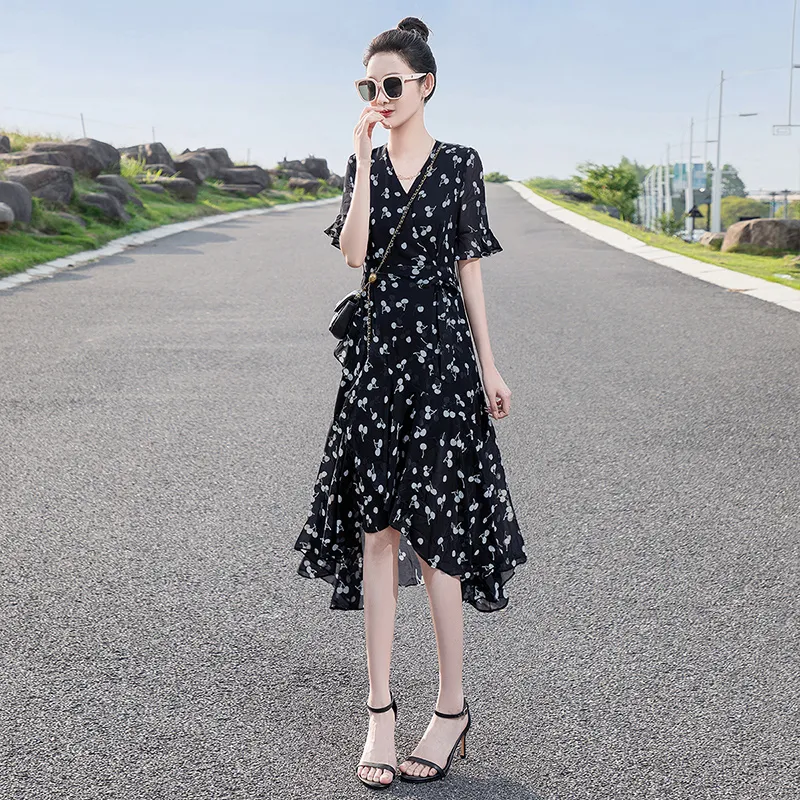 Cypress House Short Sleeved Dress Women's Black With White Cherry-5