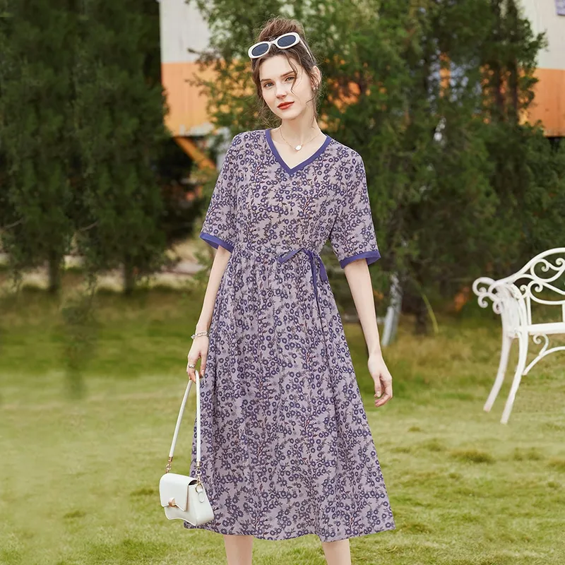 TOUCH SS24 Short-Sleeved Dresses Women's Pink Base With Purple Flowers-3