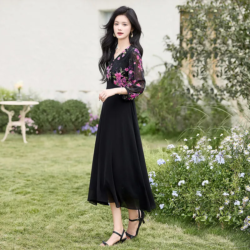 Cypress House Long Sleeved Dress Women's Black Pink Floral-3