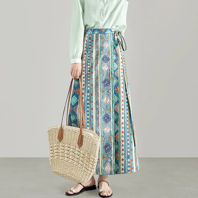 TOUCH Casual Long Skirt Women's Blue Green Multicolor-5