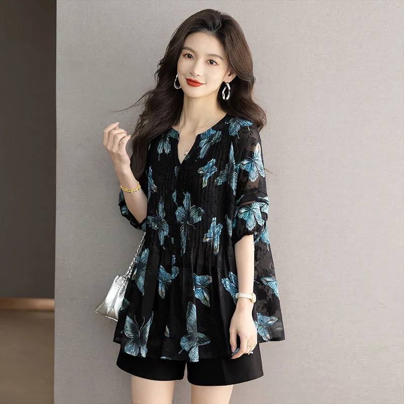 Cypress House Shirt Women's Black Blue Butterfly-3