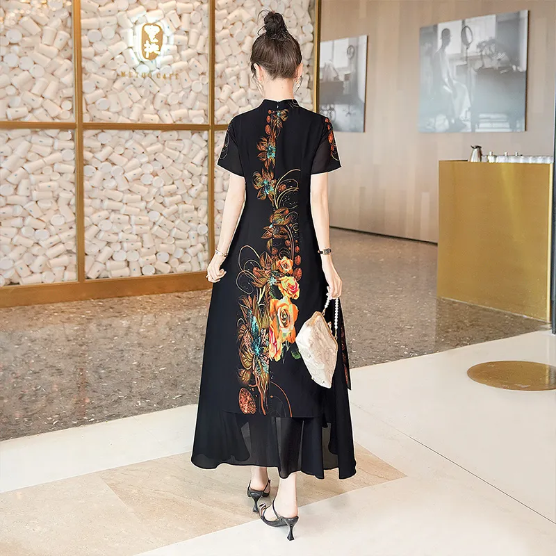 Cypress House Short-Sleeved Dresses Women's Black Background With Yellow Flowers-0