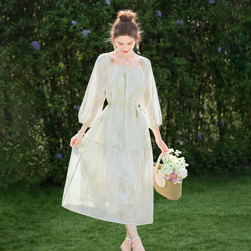 TOUCH Long Sleeved Dress Women's Beige Green-4