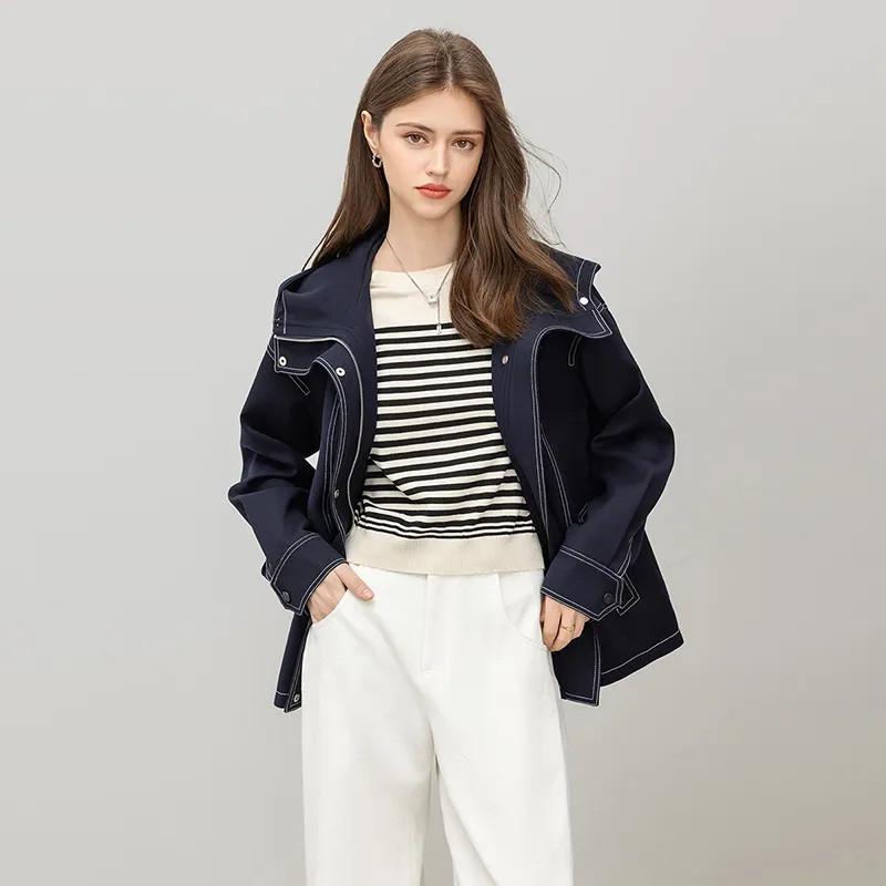 TOUCH Cropped Coats Women's Navy Blue-4
