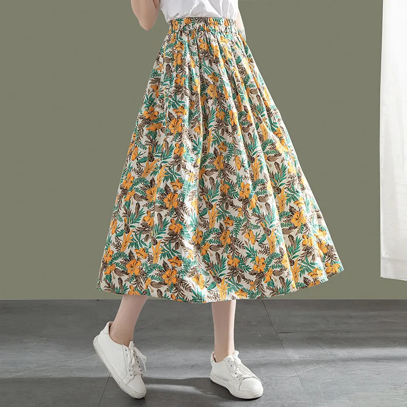 Cypress House Casual Long Skirt Women's Beige With Yellow Floral-5