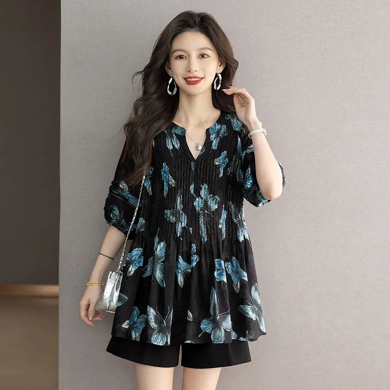 Cypress House Shirt Women's Black Blue Butterfly-4