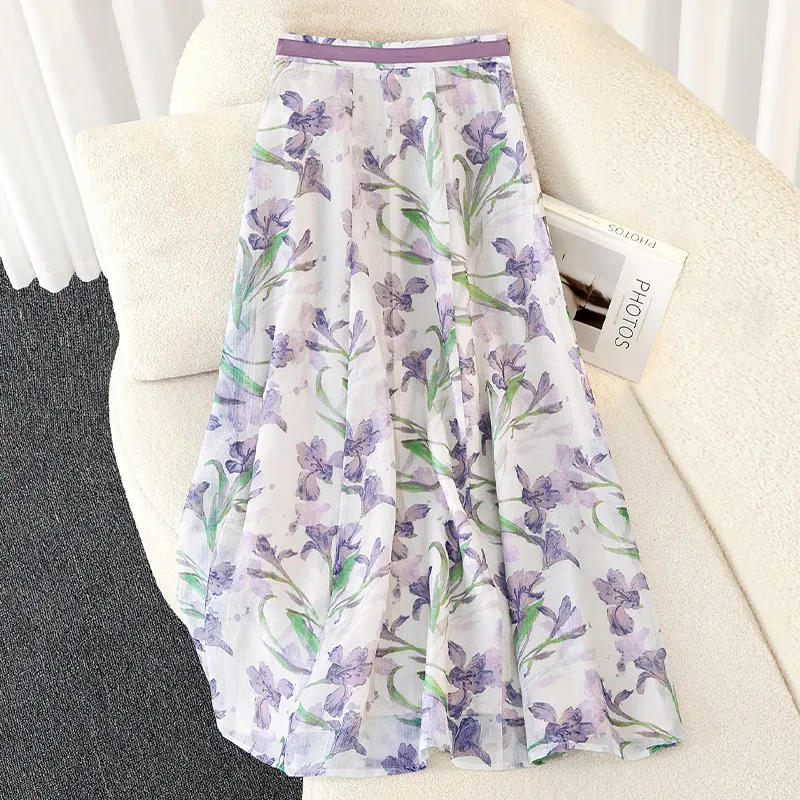 TOUCH Casual Long Skirt Women's Green Purple Multicolor-3