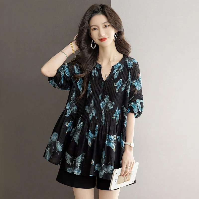 Cypress House Shirt Women's Black Blue Butterfly-5