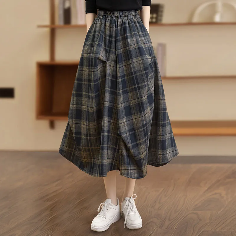 Cypress House Casual Long Skirt Women's Navy Blue Plaid-4
