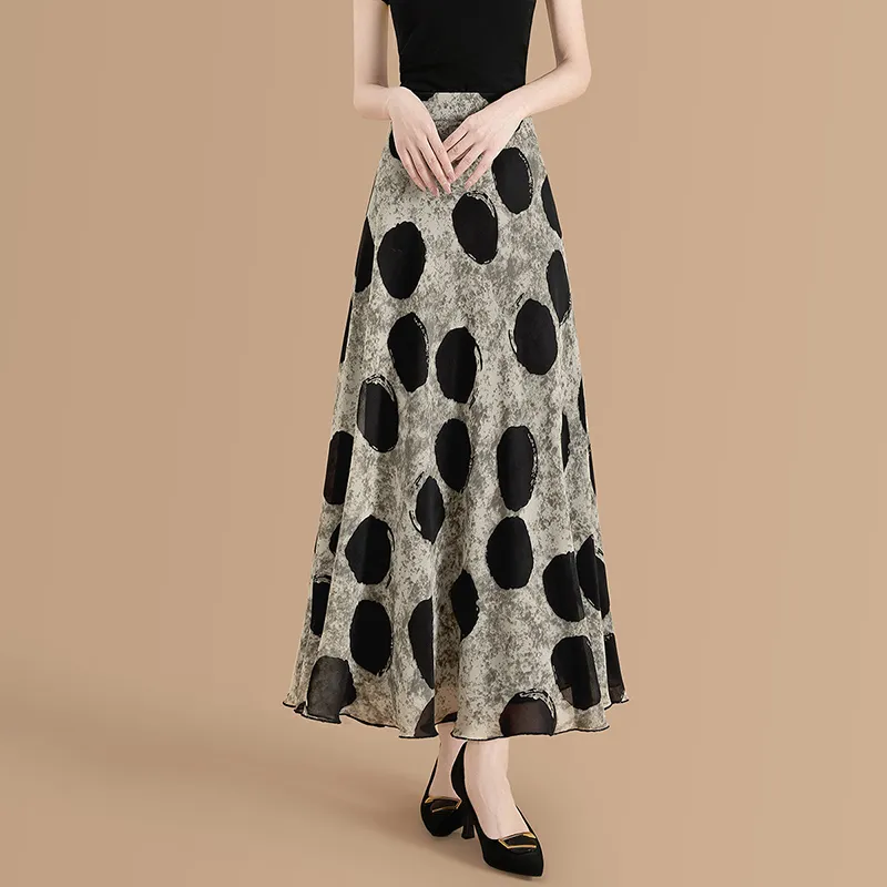 TOUCH Casual Long Skirt Women's Gray Green Black Polka Dot-4