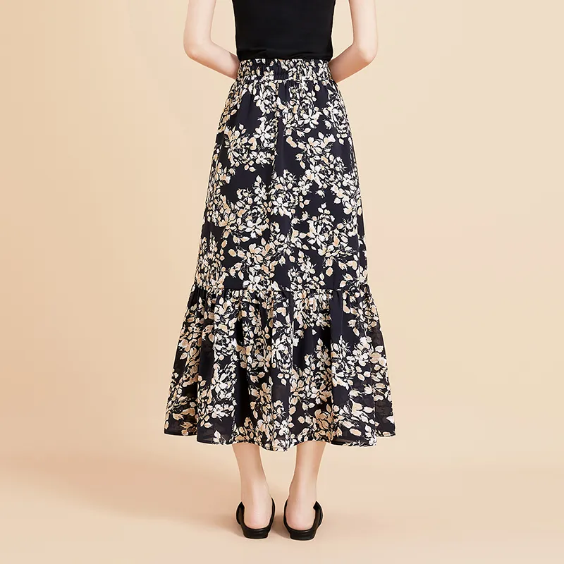 TOUCH Casual Long Skirt Women's Black Sole With Beige Coffee Floral-3