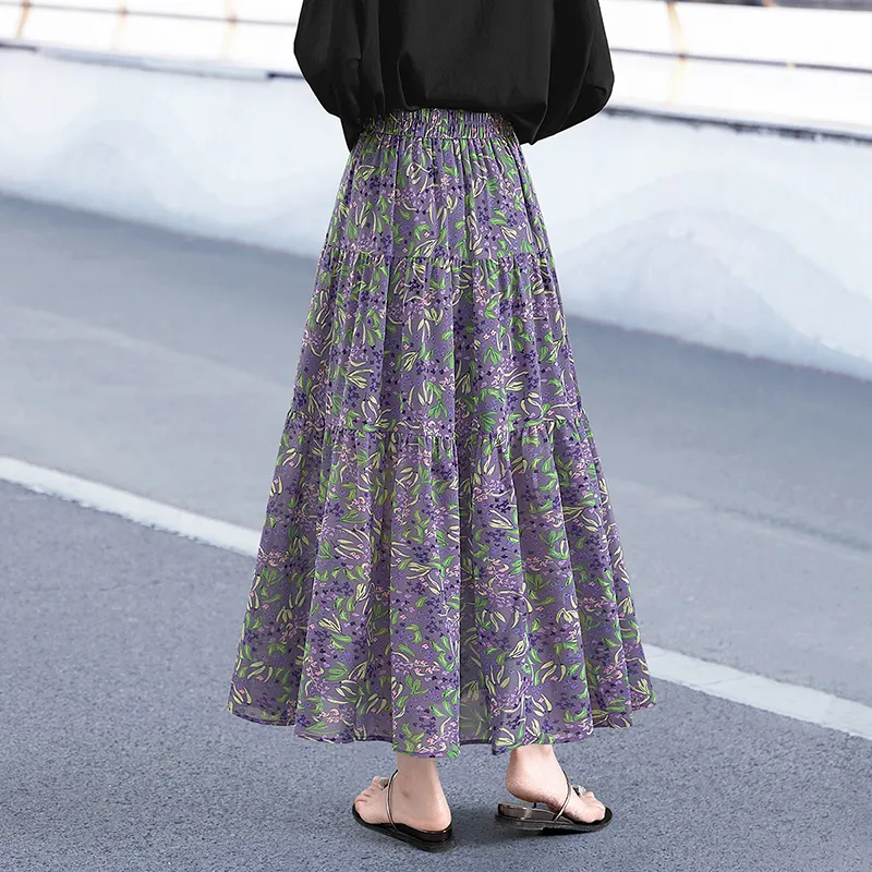 TOUCH Casual Long Skirt Women's Blue Floral-10